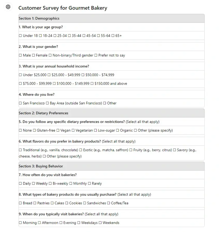 customer survey for gourmet bakery