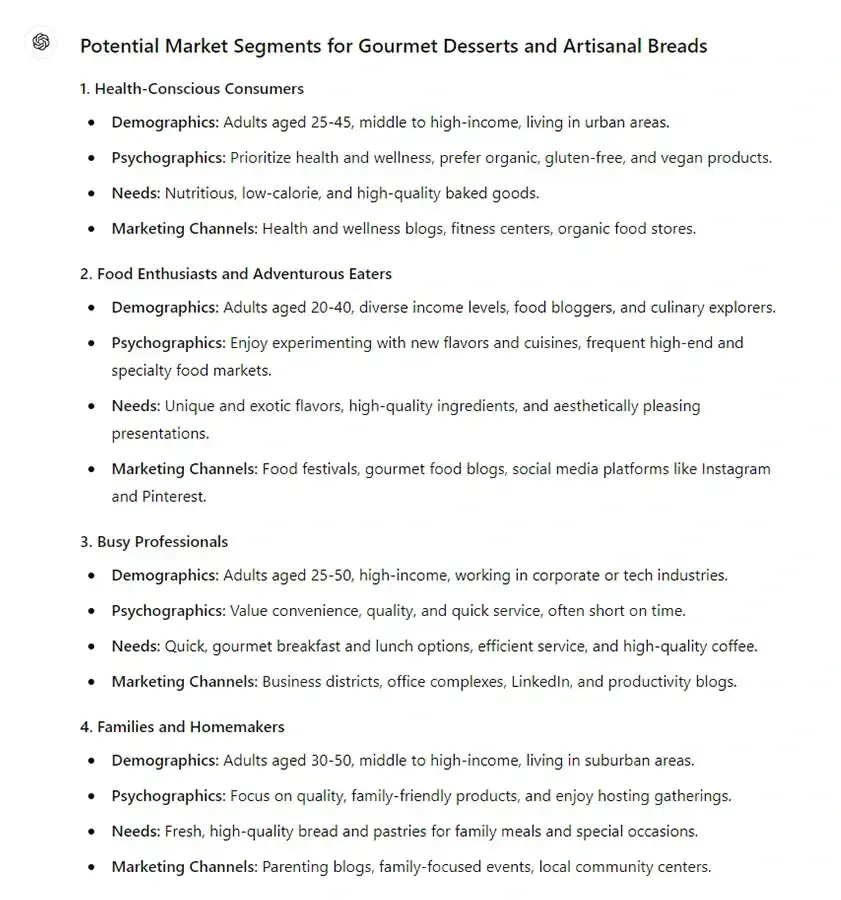 potential market segments for gourmet desserts and artisanal breads