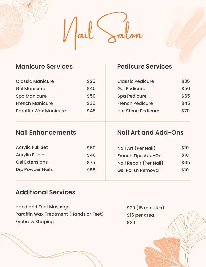 nail salon menu