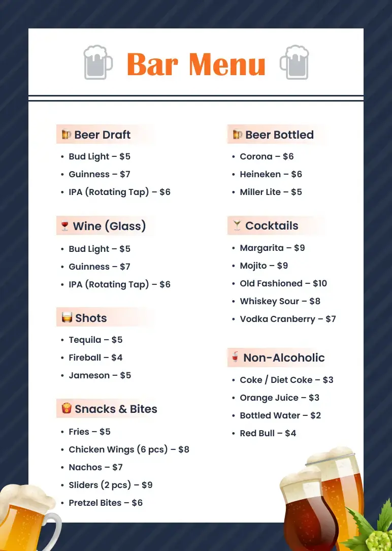 bar business plan menu