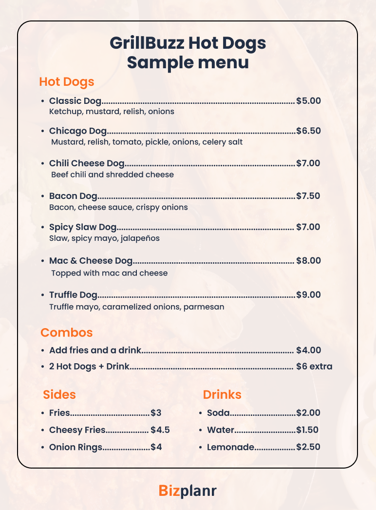 Grillbuzz hot dogs sample menu