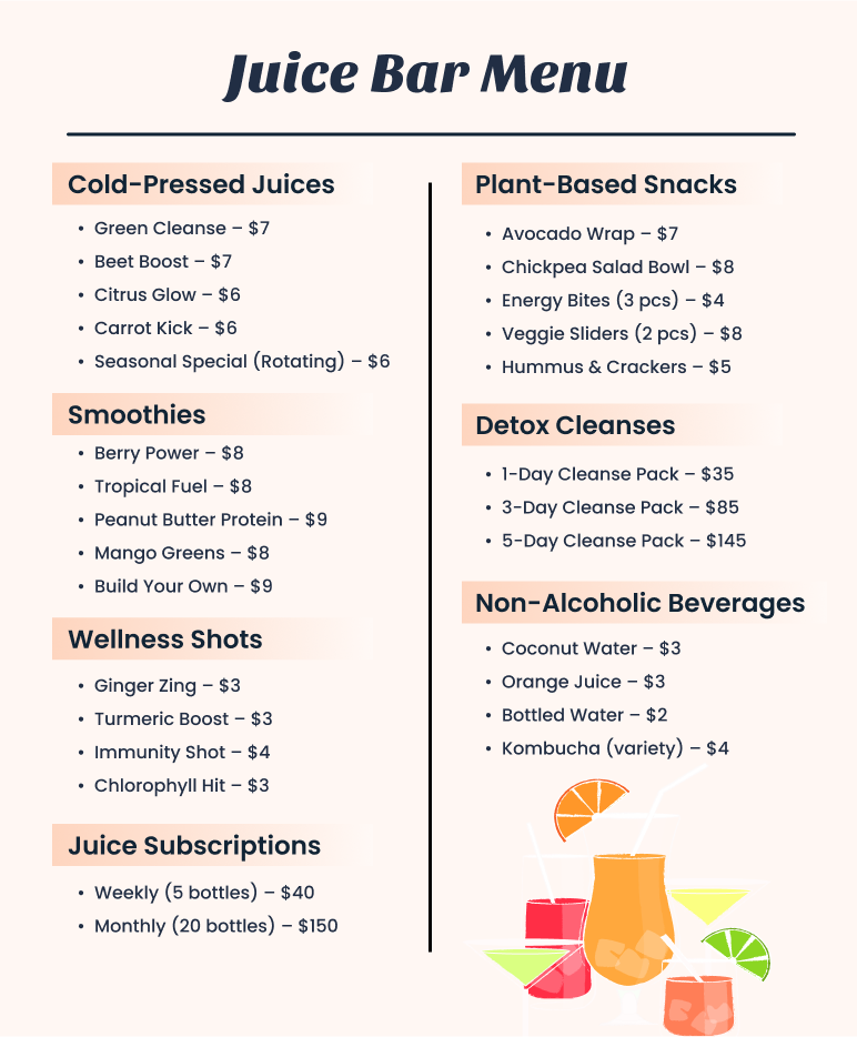 Juice bar menu