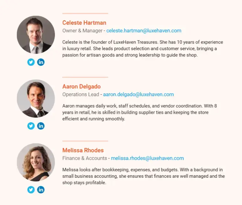 Gift shop business plan management team