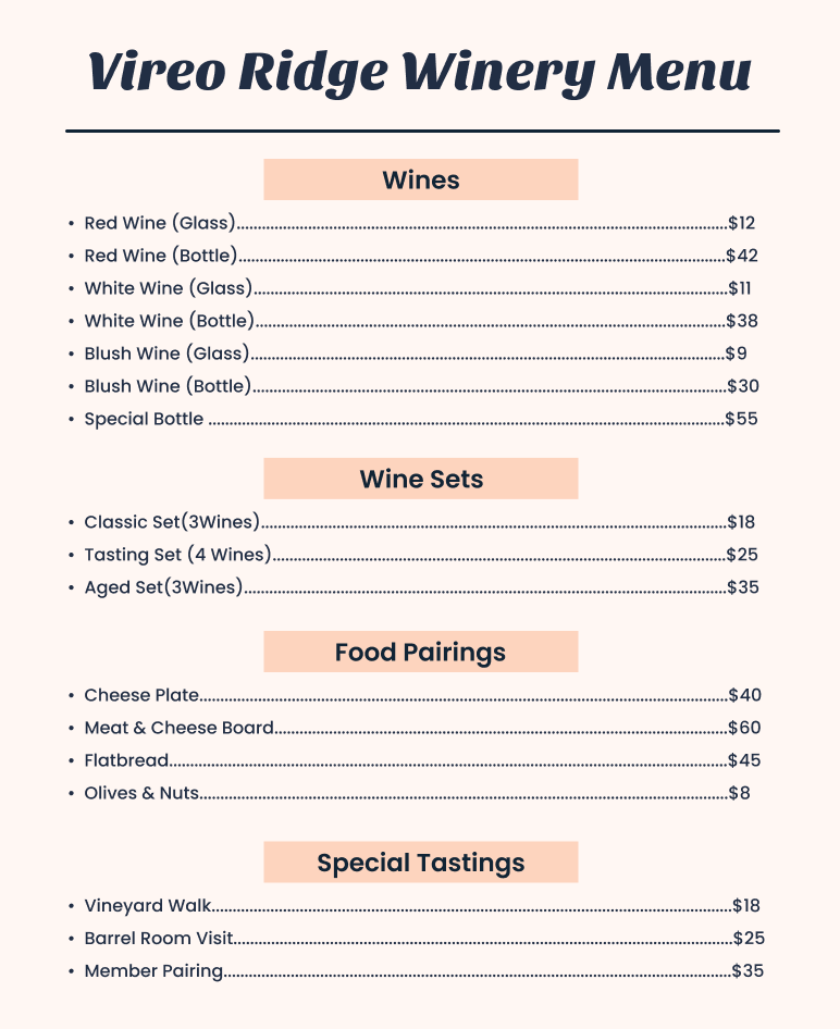 Vireo ridge winery menu