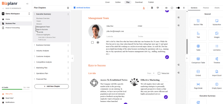 Bizplanr vs 15minuteplan feature comparison table