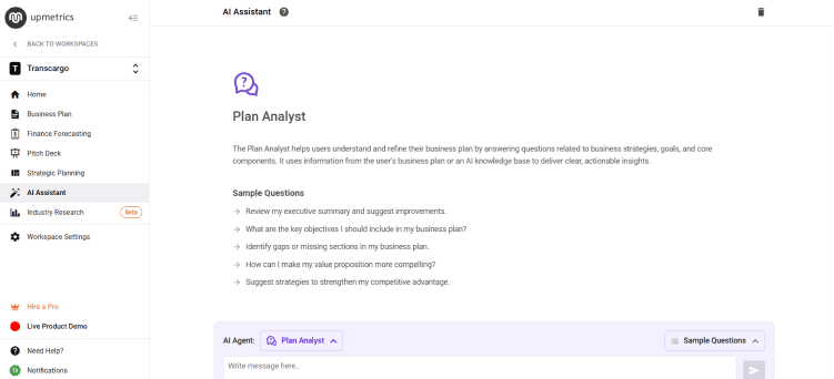 Upmetrics vs 15minuteplan feature comparison table