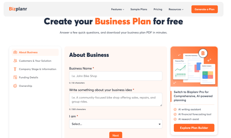 Step 1: Fill in your business details and get a complete plan (for free) - business plan