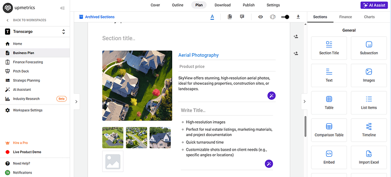 Upmetrics business plan builder workspace overview