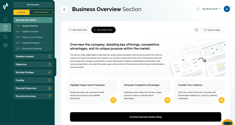 Venture Planner business planning tool interface