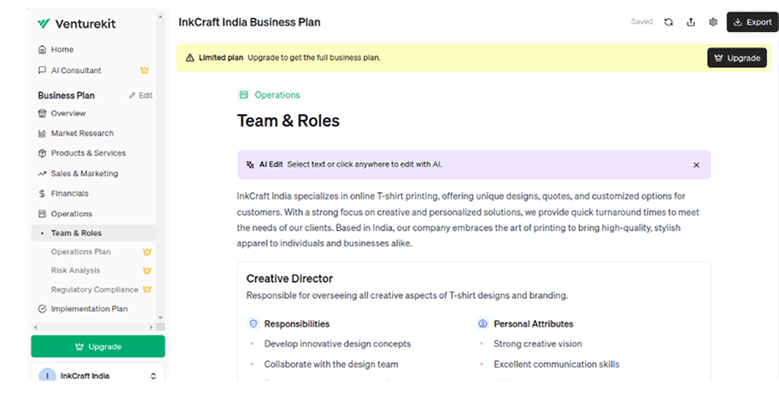 Venturekit business plan creation dashboard
