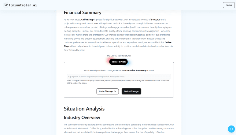 15minuteplan AI-generated business plan interface