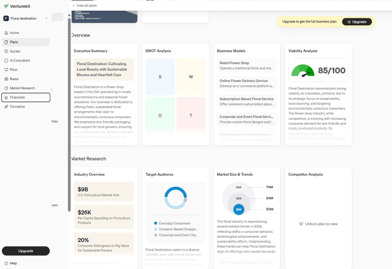 Venturekit business plan and pitch deck generation dashboard