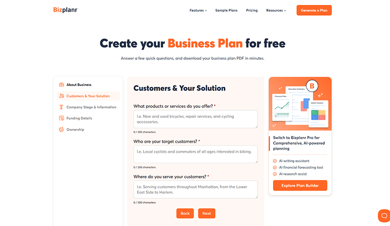 Bizplanr business plan editor with full draft preview