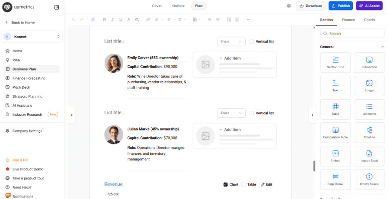 Upmetrics dashboard for refining and scenario-testing the plan