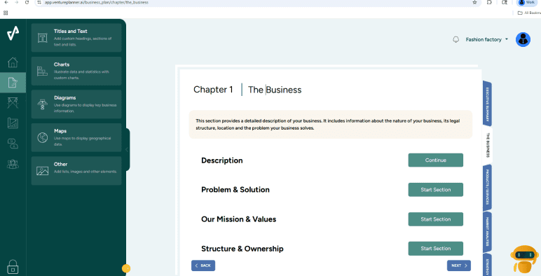 Venture Planner organized chapter and section workflow