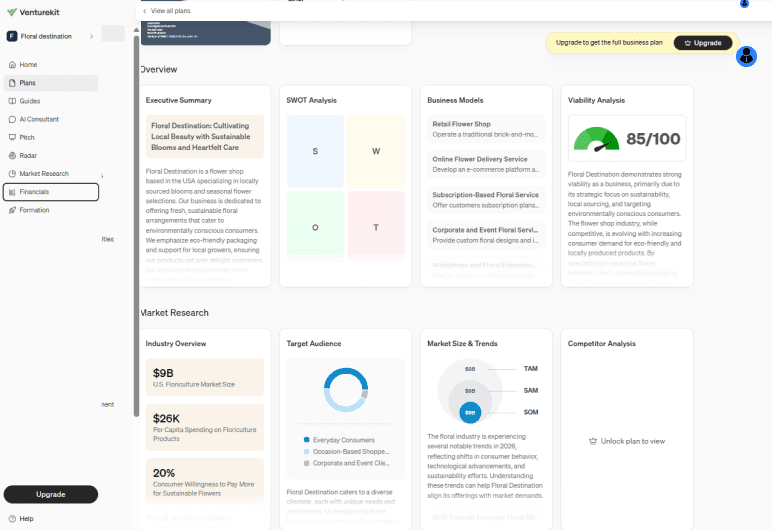 Venturekit polished business plan output with pitch deck
